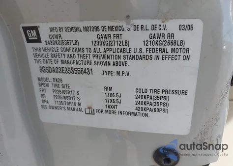 2005 Buick Rendezvous Cx z USA, uszkodzony, nr VIN 3G5DA03E35S556431